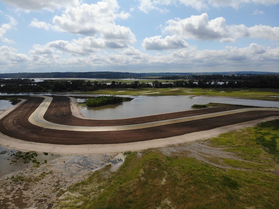 Aerial photo from the south side of the completed levee setback on L611-614 Levee System taken Sept. 1, 2019.