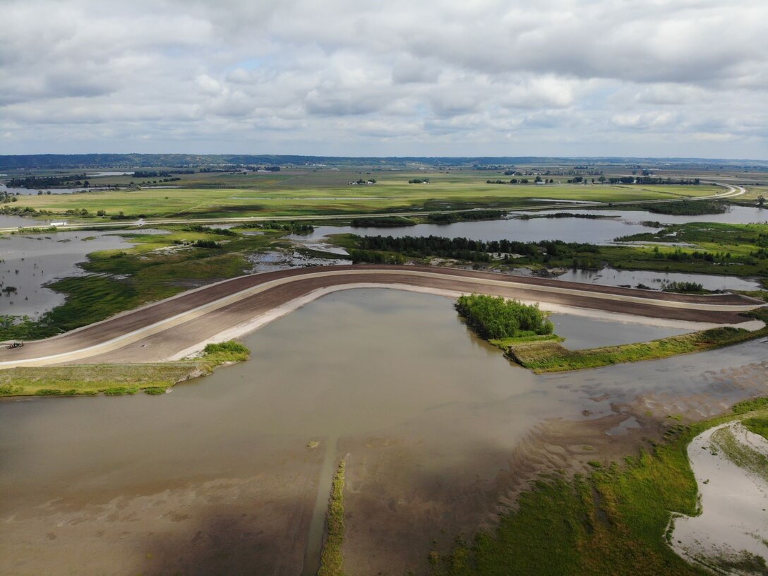 Aerial photo from the north side of the completed levee setback on L611-614 Levee System taken Sept. 1, 2019.