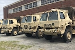 Virginia National Guard vehicles are prepositioned for possible Hurricane Dorian response operations Sept. 5, 2019, in Onancock, Virginia. The VNG has about 60 Soldiers and 20 vehicles staged and ready in Onancock and Hampton Roads.