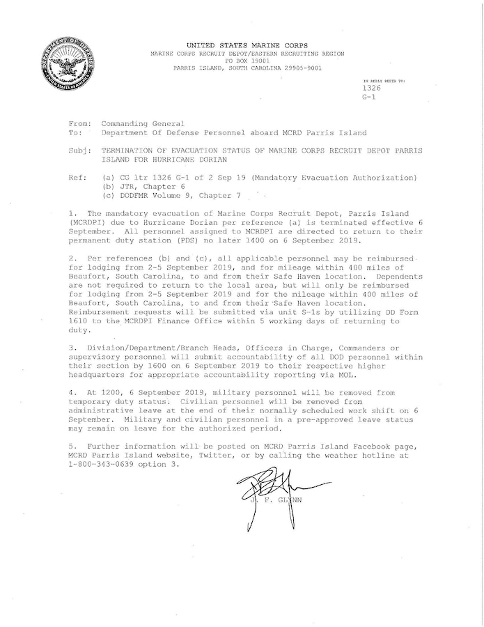 Hurricane Dorian Termination Order