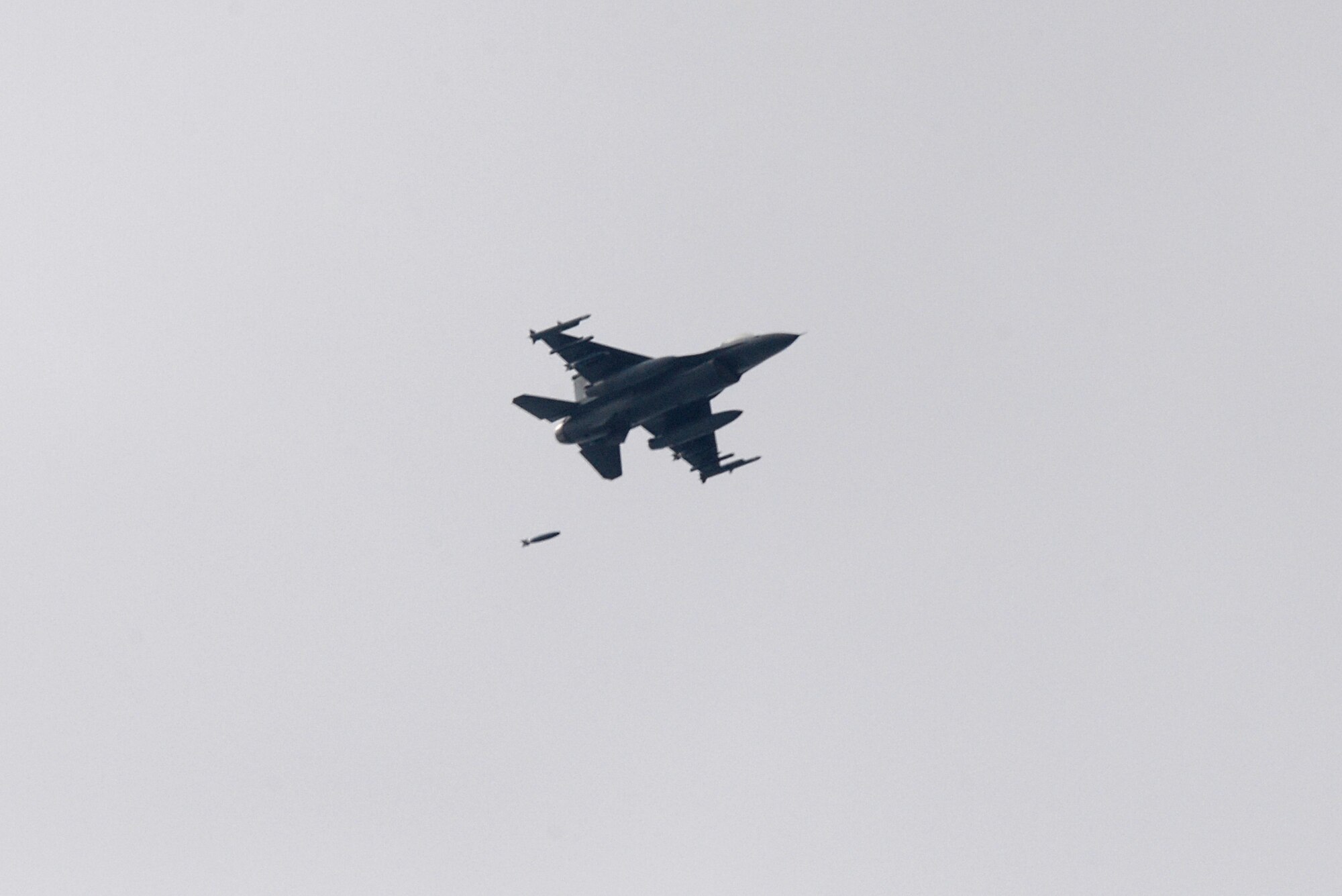 A picture of a 177th Fighter Wing U.S. Air Force F-16C Fighting Falcon dropping a 500 lb. inert BDU-50 practice bomb at the Warren Grove Bombing Range in Ocean County, N.J.