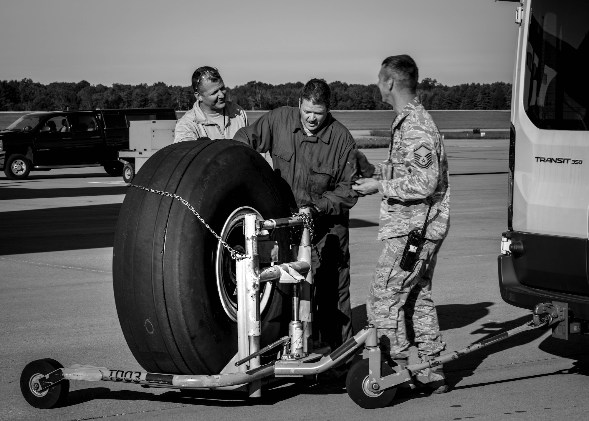 Members from the 910th Maintenance Group spent the morning changing a tire on an aircraft due to the normal wear and tear of routine takeoffs and landings.