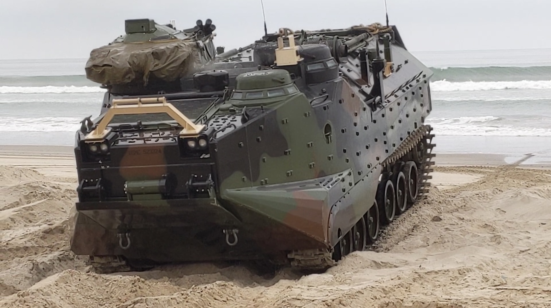 The Remote Control Assault Amphibious Vehicle (RC AAV) is pictured after completing one of its successfully-completed 22 surf zone crossings while undergoing testing at Marine Corps Systems Command (MCSC) United States Marine Corps’ (USMC) Amphibious Vehicle Test Branch. The testing of the newly modernized RC AAV is the result of a collaborative effort between the Naval Surface Warfare Center Panama City Division and the United States MCSC.