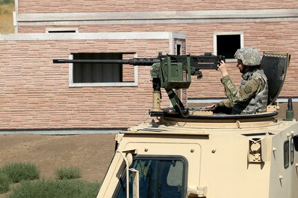 Cpl. Victoria Burgess of the 1844th Transportation Company, Illinois Army National Guard, conducts IED lane training as part of Rising Thunder 2019 at Yakima Training Center in Yakima, Washington, August 30, 2019.