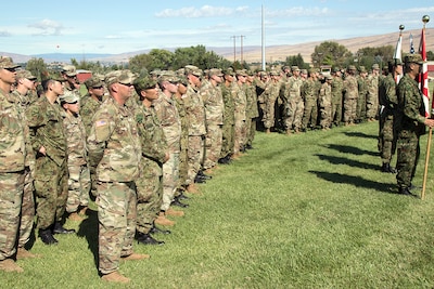 U.S and Japanese soldiers attend the opening ceremony of Rising Thunder 2019 hosted by the 7th Infantry Division at Yakima Training Center in Yakima, Washington, August 30, 2019.
