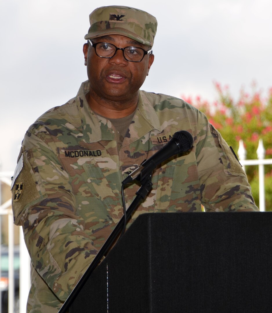 Col. Robert McDonald thanks those in attendance at the 410th Contracting Support Brigade uncasing ceremony for recognizing the brigade’s Soldiers upon their return from a nine-month deployment Sept. 5 at Joint Base San Antonio-Fort Sam Houston. The brigade served as the command element for Army Contracting Command-Afghanistan. McDonald is the 410th CSB commander.