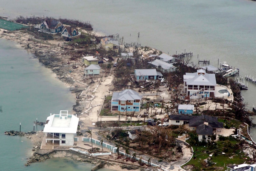 Aerial view of destroyed houses.