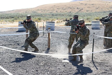 Infantrymen from D Co, 2nd Battalion, 130th Infantry Regiment, Illinois Army National Guard, rehearse room clearance drills as part of Rising Thunder 19 at the Yakima Training Center in Yakima, Washington, Sept. 1, 2019