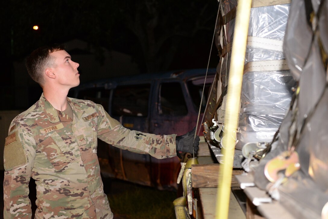 Senior Airman Trevor Stover, 81st Logistics Readiness Squadron ground transportation specialist, conducts final checks on equipment at the 81st LRS compound on Keesler Air Force Base, Mississippi, September 4, 2019. Airmen from the 81st LRS palletized emergency medical equipment, such as blankets, litters and beds, and drove the gear more than 10 hours to MacDill Air Force Base, Florida, as part of the relief efforts for Hurricane Dorian. The 81st LRS worked with the 6th LRS at MacDill to get the equipment shipped through ground transportation instead of through airlift therefore saving delivery time to get the life-saving equipment to those in need. (Airman 1st Class Spencer Tobler)