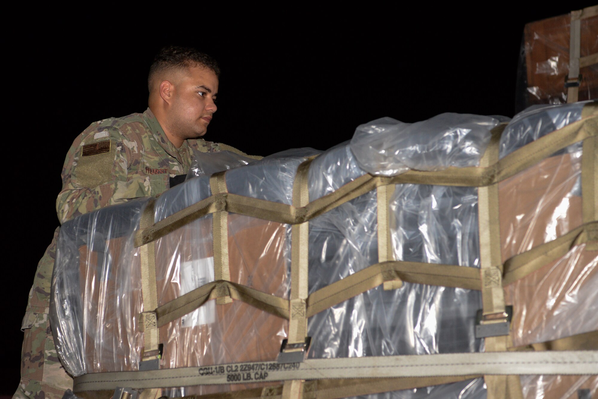 Senior Airman Cameron Hurst, 81st Logistics Readiness Squadron ground transportation specialist, conducts final checks on equipment at the 81st LRS compound on Keesler Air Force Base, Mississippi, September 4, 2019. Airmen from the 81st LRS palletized emergency medical equipment, such as blankets, litters and beds, and drove the gear more than 10 hours to MacDill Air Force Base, Florida, as part of the relief efforts for Hurricane Dorian. The 81st LRS worked with the 6th LRS at MacDill to get the equipment shipped through ground transportation instead of through airlift therefore saving delivery time to get the life-saving equipment to those in need. (Airman 1st Class Spencer Tobler)