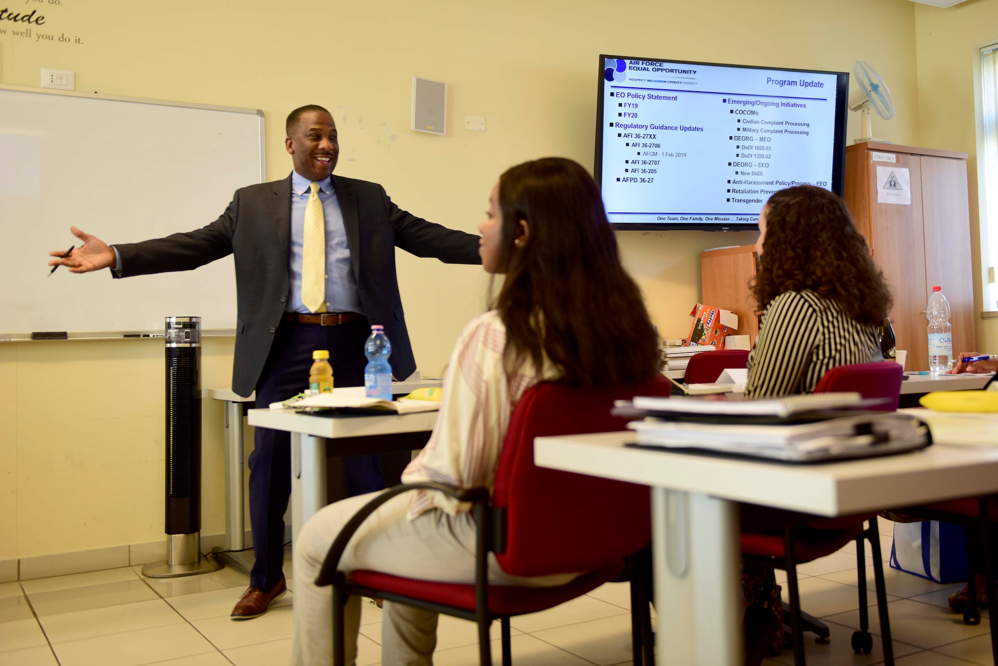 Audie Sanders, the Air Force Equal Opportunity program manager, delivers a brief during an EO conference at Aviano Air Base, Italy, Aug. 19, 2019. Sanders spoke about several topics including the future of the EO career field. (U.S. Air Force photo by Tech. Sgt. Tory Cusimano)