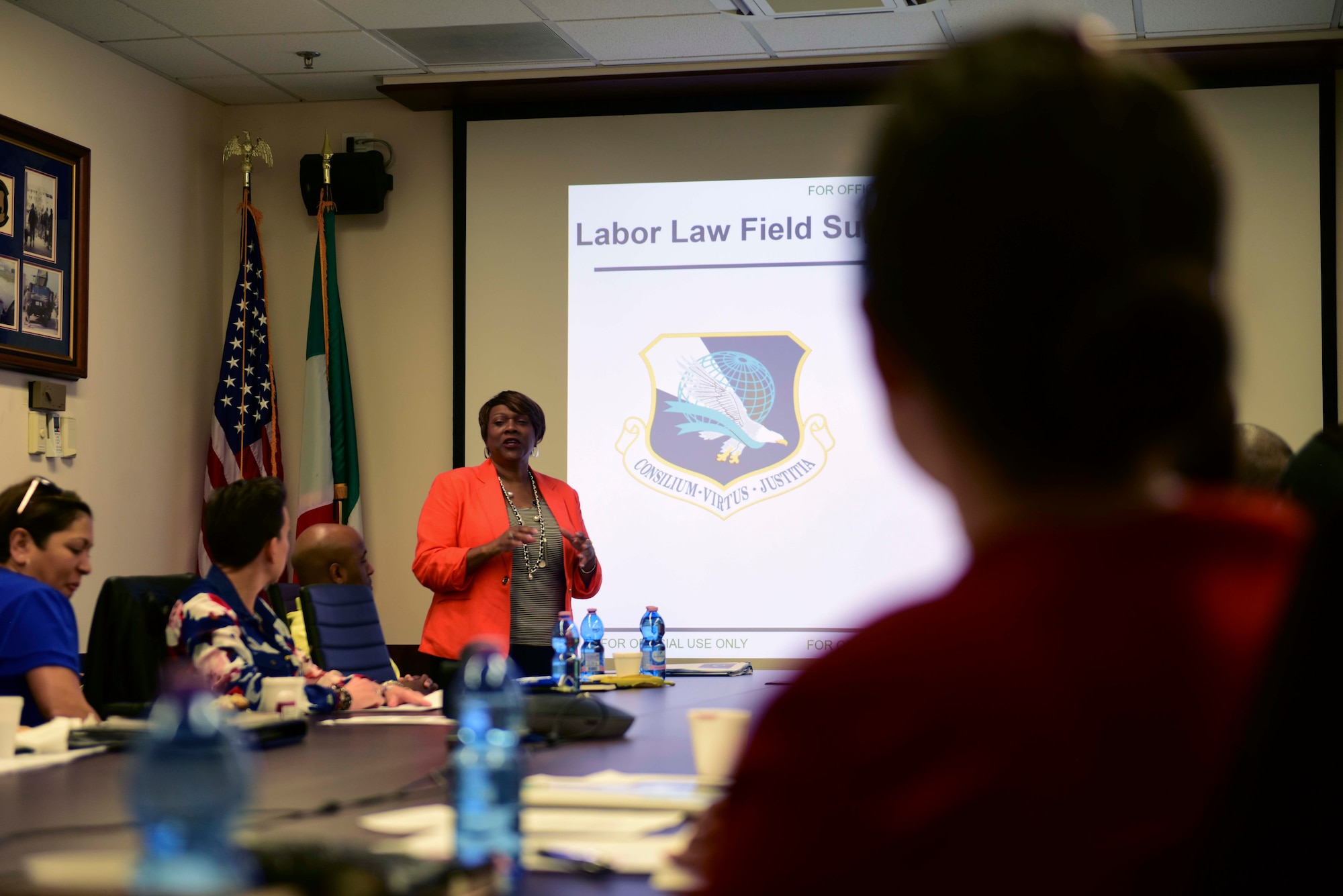 Brenda Ward, the chief of the Labor Law Field Support Center, speaks to attendees during an Equal Opportunity conference at Aviano Air Base, Italy, Aug. 19, 2019. Ward spoke about the different processes and legal aspects of civilian complaints. (U.S. Air Force photo by Tech. Sgt. Tory Cusimano)