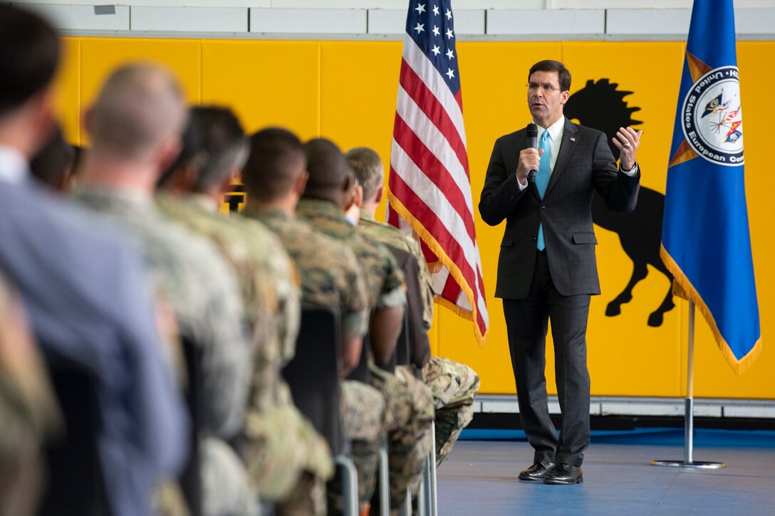 Defense Secretary Dr. Mark T. Esper holds a town hall with troops.