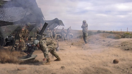 Soldiers from Headquarters and Headquarters Company, 2nd Battalion, 130th Infantry Regiment, based in Marion, Illinois, crouch as the concussion of a 120mm mortar tube kicks up dirt during Rising Thunder 19.