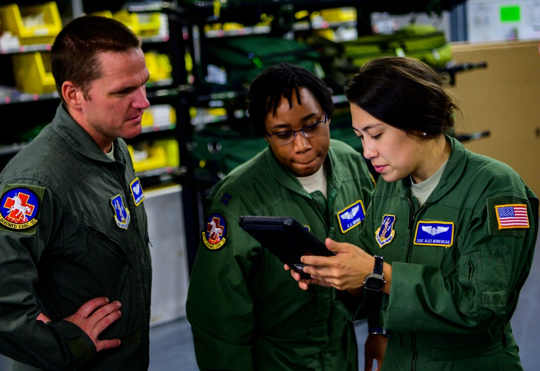 Members of the 167th Aeromedical Evacuation Squadron perform medical equipment function checks prior to deploying in support of Hurricane Dorian relief, Sept. 5, 2019, at McLaughlin Air National Guard Base, Charleston, West Virginia. The West Virginia Air National Guard will be providing a crew of six aeromedical evacuation technicians and flight nurses to assist with hurricane response efforts in affected areas throughout the United States and in the Bahamas. (U.S. Air National Guard photo by Master Sgt. De-Juan Haley)