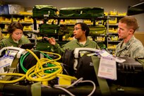 Members of the 167thAeromedical Squadron performs medical equipment function checks prior to deploying in support of Hurricane Dorian relief, Sept. 5, 2019, at McLaughlin Air National Guard Base, Charleston, West Virginia. The West Virginia Air National Guard will be providing a crew of seven aeromedical evacuation technicians and flight nurses to assist with hurricane response efforts in affected areas throughout the United States and in the Bahamas.