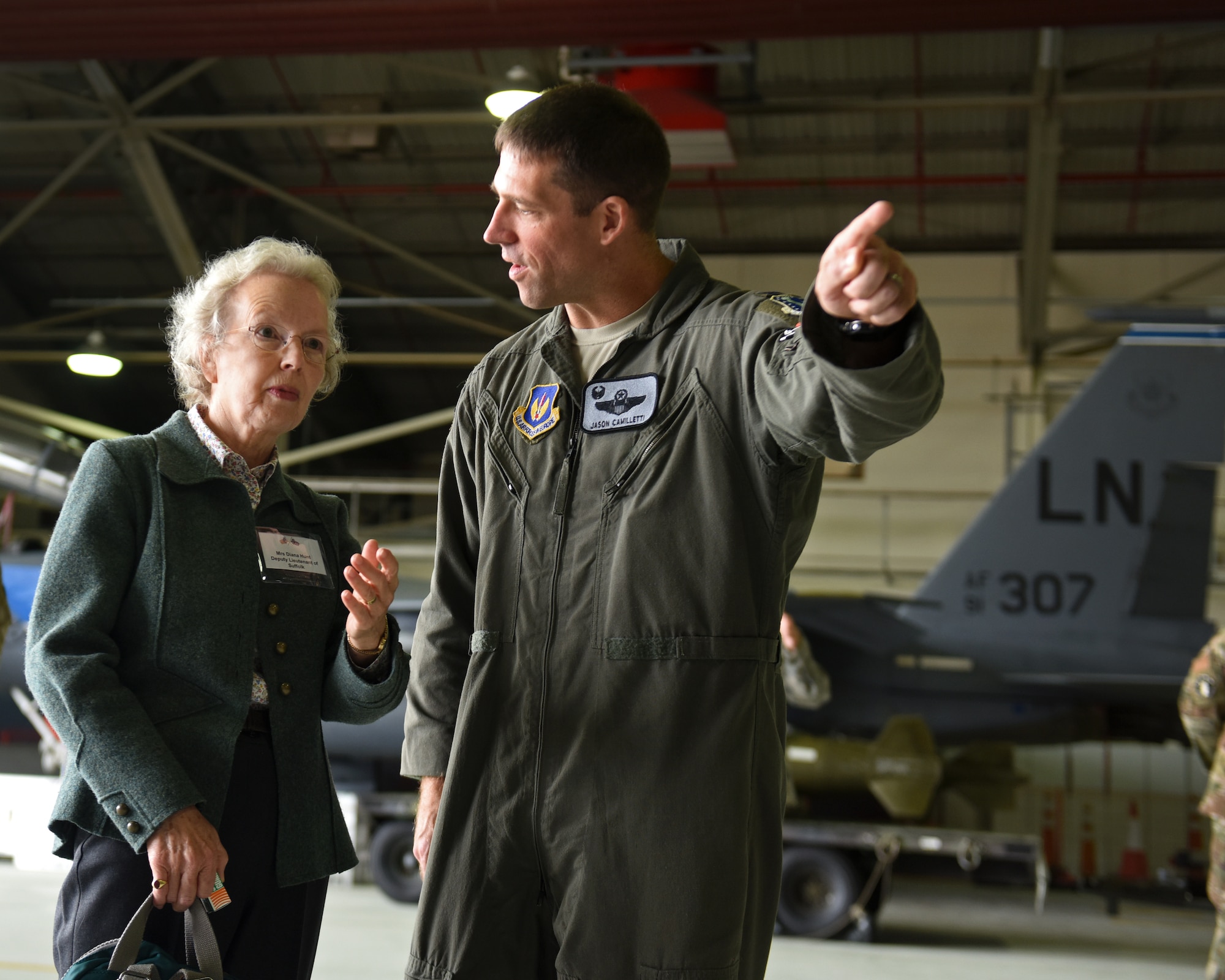 Diana Hunt, Suffolk deputy lieutenant, and Col. Jason Camilletti, 48th Operations Group commander, engage in conversation at Royal Air Force Lakenheath, England, Sept. 6, 2019. One aim of the Office of High Sherriff is that within each county, Deputy Lieutenants represent their communities and pay an increasingly active and supportive role within their counties. (U.S. Air Force photo by Airman 1st Class Madeline Herzog)