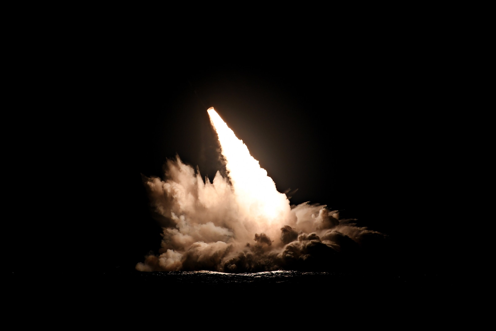 An unarmed Trident II D5 missile launches from the Ohio-class ballistic missile submarine USS Nebraska (SSBN 739) off the coast of San Diego, California, Sept. 4, 2019. The test launch was one of four conducted Sept. 4 and Sept. 6 as part of a U.S. Navy Commander Evaluation Test, validating performance expectations of the life-extended Trident II D5 strategic weapon system. These four launches mark 176 successful missile launches of the Trident II D5 strategic weapon system.