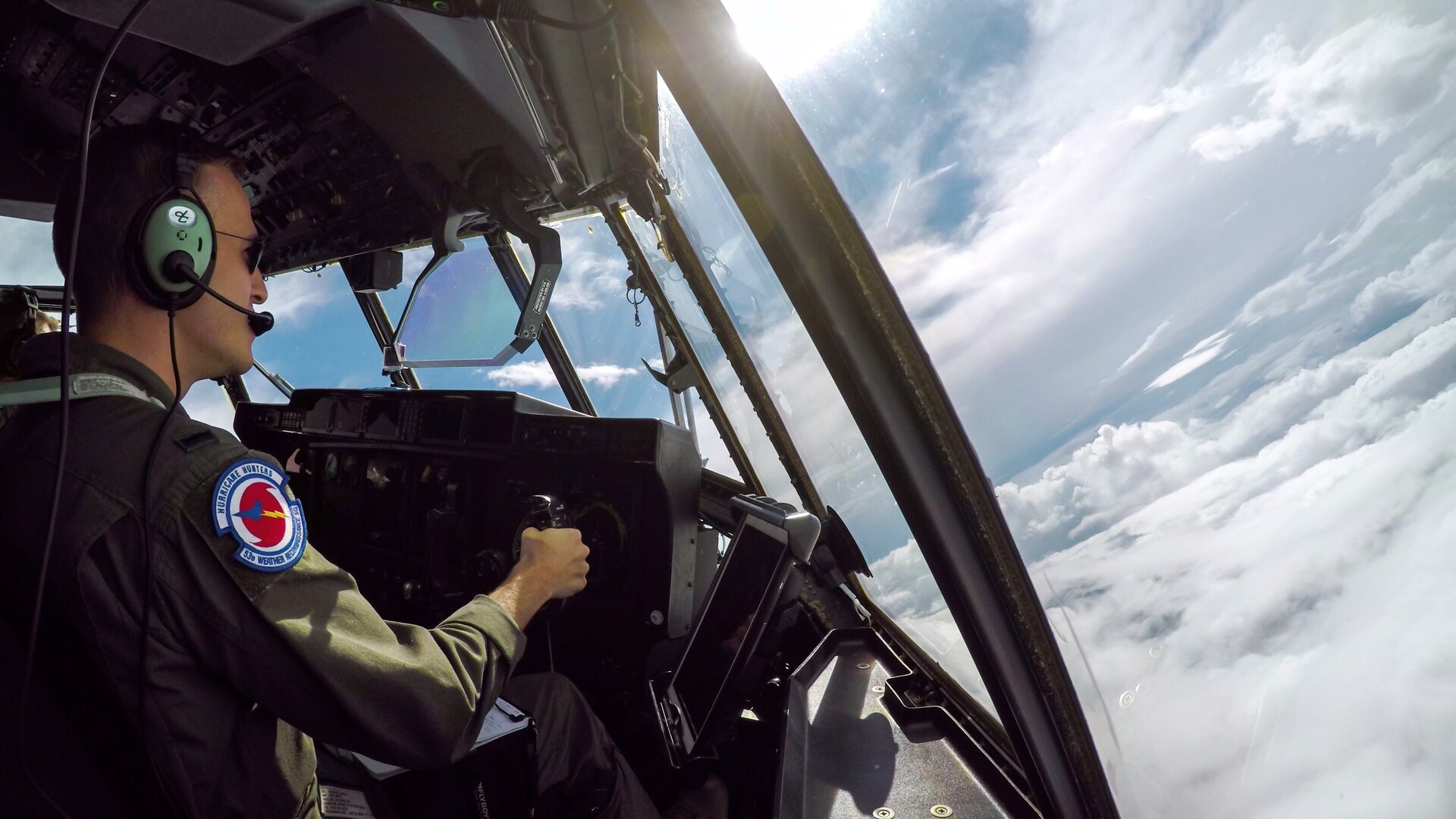 1st Lt. Ryan Smithies, 53rd Weather Reconnaissance Squadron pilot, flies a WC-130J Super Hercules in the eye of Hurricane Dorian Sep. 4,2019 off the coast of Savannah, Georgia. During his mission Dorian was a category 2 hurricane and intensified into a category 3. (U.S. Air Force photo by 1st Lt. Ryan Smithies)