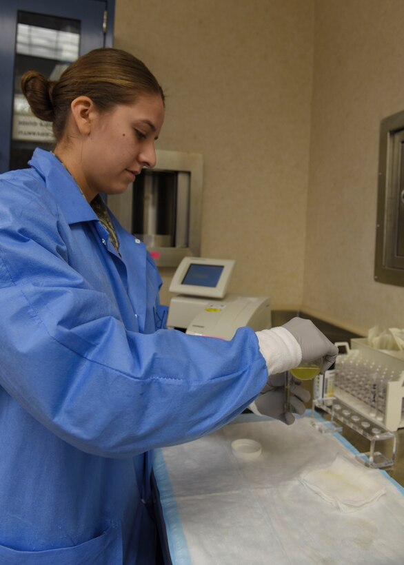 Airman Nichole Carroll, 82nd Medical Support Squadron clinical laboratory phase II student, prepares a patient’s urine for analysis at Sheppard Air Force Base, Texas, Sept. 5, 2019. Analysis includes physical and chemical screening of a sample which could indicate many conditions including pregnancy, urinary tract infection and kidney disease.  Samples with abnormal results are observed under a microscope where the technician relays critical information about the sample back to the medical provider for treatment. (U.S. Air Force photo Senior Airman Ilyana A. Escalona)