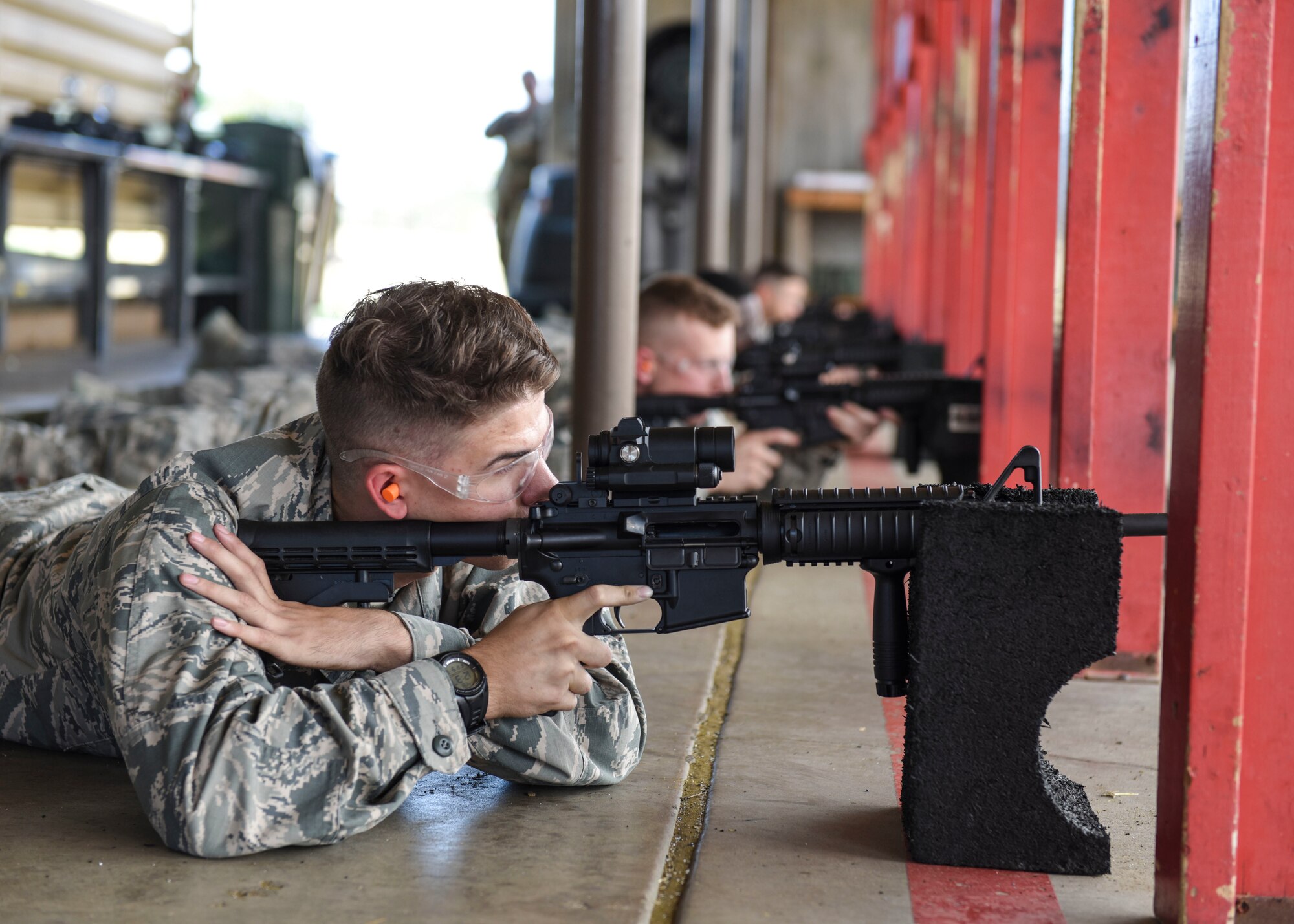Airman Samuel Zietzmann, 354th Maintenance Squadron aircraft metals technology technician, prepares to fire down range at Sheppard Air Force Base, Sept. 6, 2019. Airmen in specific career fields are required to remain weapons qualified to enure they are ready to deploy at a momemnt's notice. (U.S. Air Force photo by Senior Airman Ilyana A. Escalona)