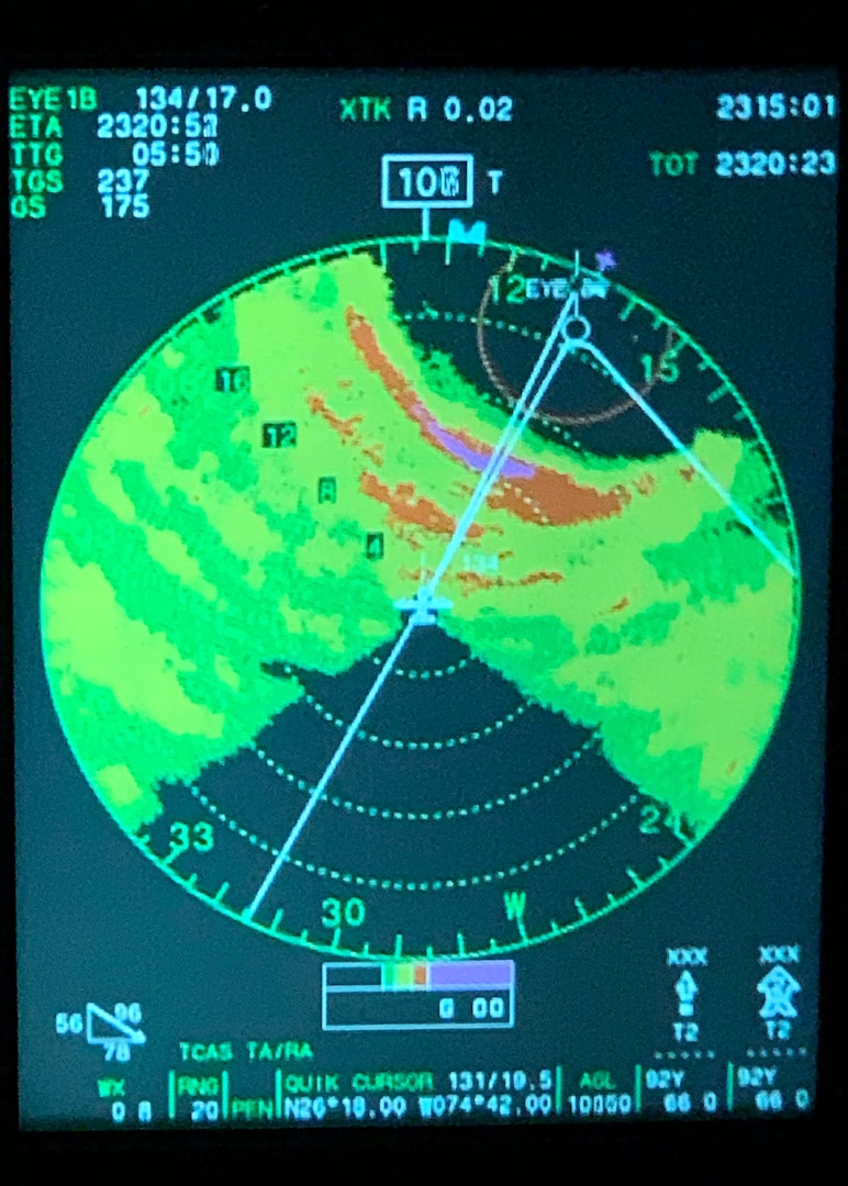 The radar positioning of the 53rd Weather Reconnaissance Squadron’s WC-130J Super Hercules aircraft on its way into Hurricane Dorian, Aug. 31, 2019 over the Atlantic Ocean. The Hurricane Hunters use radar, GPS, and various other instruments to track and find the center, aka “eye,” of a storm or hurricane. Although satellite imagery is an effective tool for tracking weather, it cannot collect data from within the storm environment, such as the Reserve Citizen Airmen of the 53rd WRS. (U.S. Air Force photo by Tech. Sgt. Christopher Carranza)