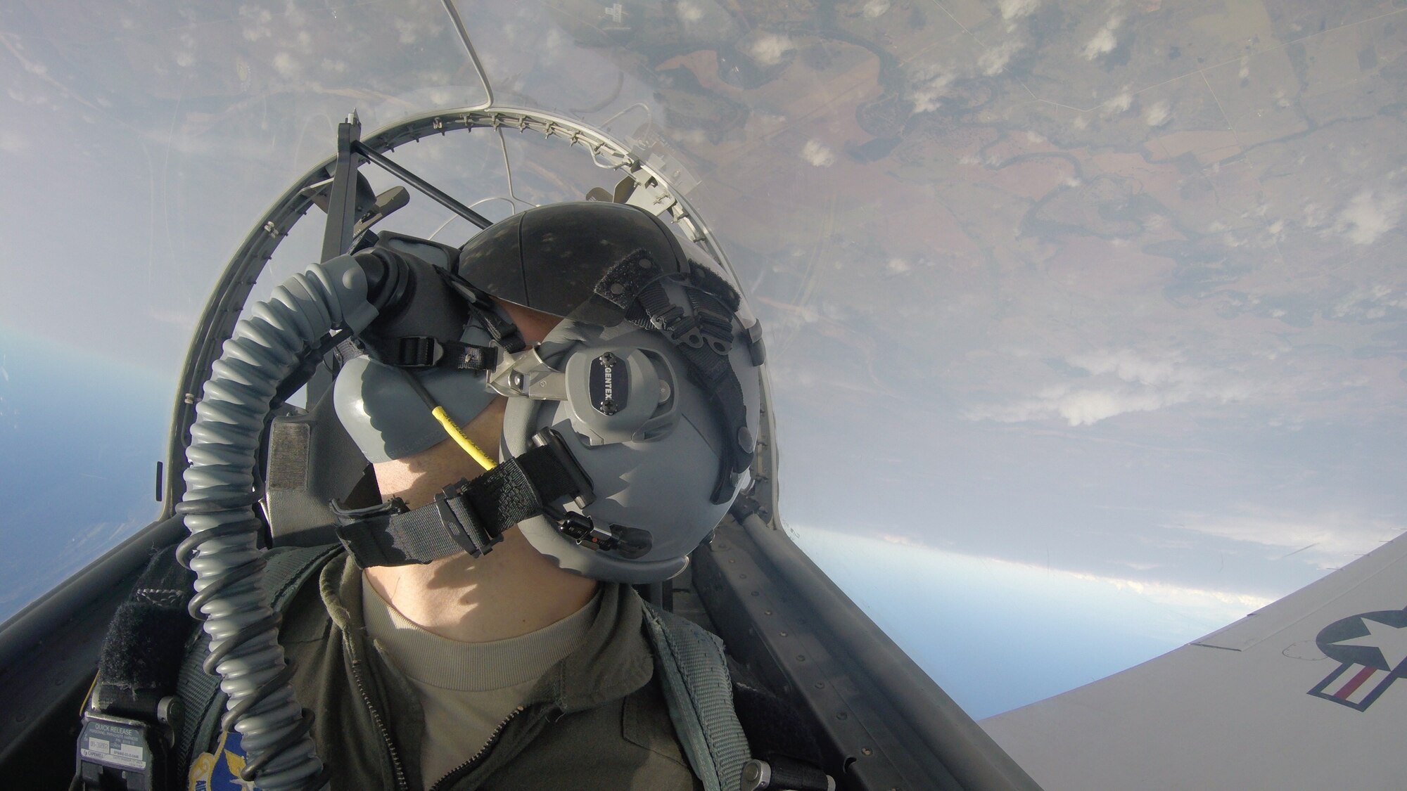 U.S. Air Force Second Lieutenant Ryan Potter, a Euro-NATO Joint Jet Pilot Training program undergraduate student pilot, performs aerial maneuvers in a graded sortie at Sheppard Air Force Base, Texas, Aug. 29, 2019. The ENJJPT program is a NATO organization that prepares and trains fighter pilots. (U.S. Air Force Photo by Second Lieutenant Ryan Potter)
