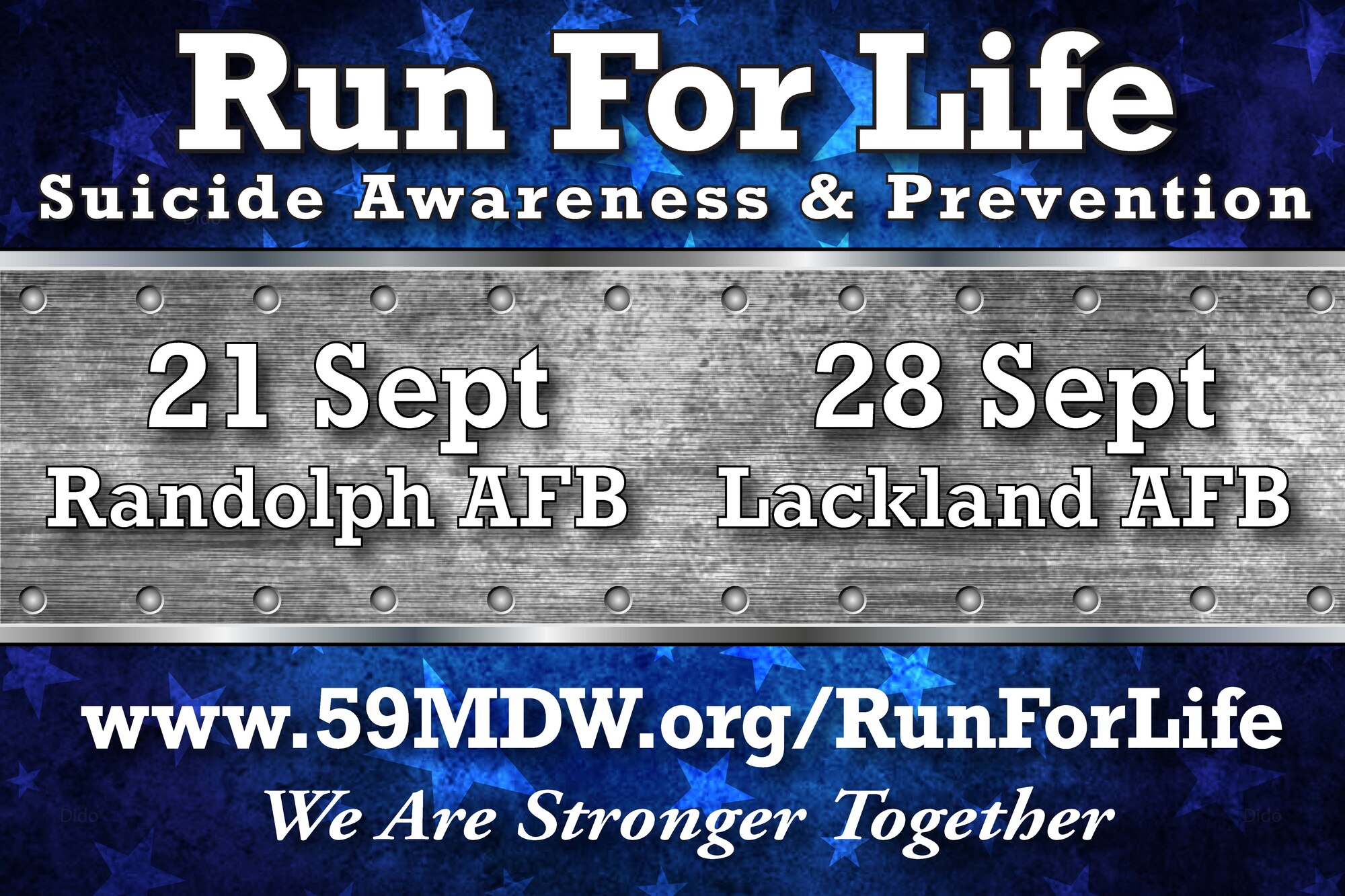 Runs for Life and Resiliency Fairs are scheduled from 9-11 a.m. Sept. 21 at JBSA-Randolph’s Heritage Park and 9-11 a.m. Sept. 28 at JBSA-Lackland’s Wilford Hall Ambulatory Surgical Center. Check-in begins at 8 a.m. Community members can register at www.59mdw.org/runforlife and buy T-shirts before sales end.