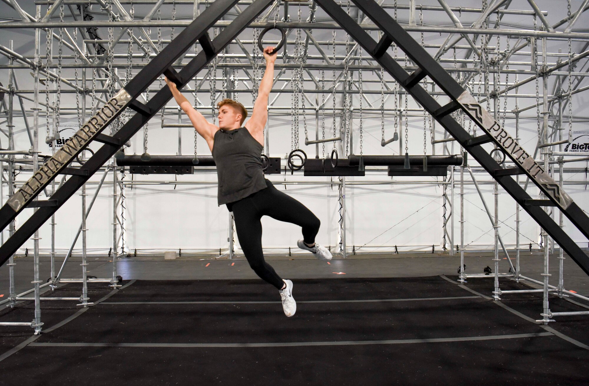 Second Lt. Michelle Strickland, 37th Flying Training Squadron student pilot, makes her way through the Alpha Warrior Course Sept. 4, 2019, on Columbus Air Force Base, Miss. Strickland won a super regional event earlier this year, qualifying for the 2019 Inter Service Alpha Warrior Final Battle competition at Retama Park in Selma, Texas, Sept. 12 and 14. (U.S. Air Force photo by Tech. Sgt. Christopher Gross)