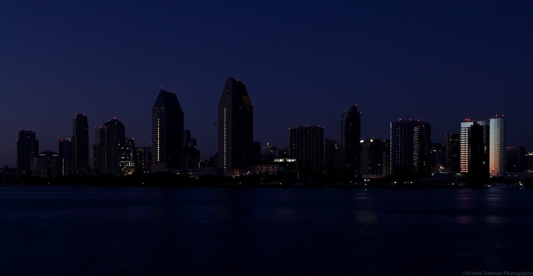 SAN DIEGO – The skyline of San Diego captured during the big power outage on Sept. 8, 2011. The only lights are battery and backup lights and little remaining sunlight on the buildings on the right. (Photo credit: Coronado Times)