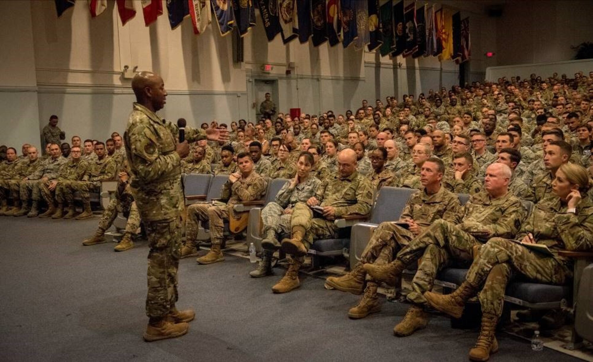 Chief Master Sergeant of the Air Force Kaleth O. Wright conducts an All Call at the Timmerman Center on Joint Base McGuire-Dix-Lakehurst, New Jersey, during a visit Sept. 5, 2019. During the All Call, Wright discussed the rising suicide rates across the force and how Airmen must be wingmen to one another and be resilient in tough times.