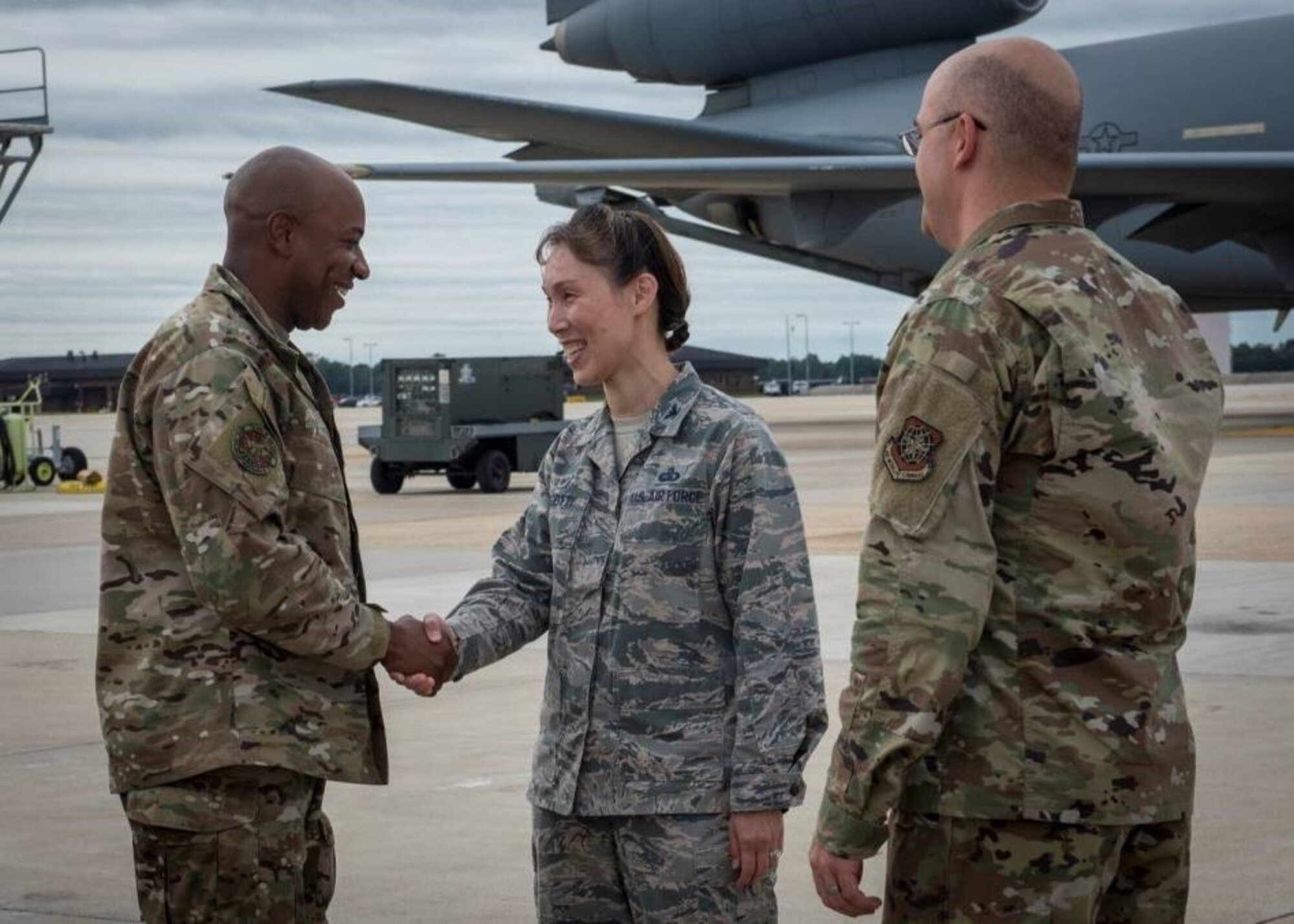 Col. Bridget Gigliotti, Joint Base McGuire-Dix-Lakehurst and 87th Air Base Wing commander, greets Chief Master Sergeant of the Air Force Kaleth O. Wright, Sept. 5, 2019 at Joint Base MDL, New Jersey. During his visit, Wright spoke with Airmen from the Combined Maintenance Operations Facility, 87th Security Forces Squadron, and the 621st Contingency Response Wing and held an All Call.