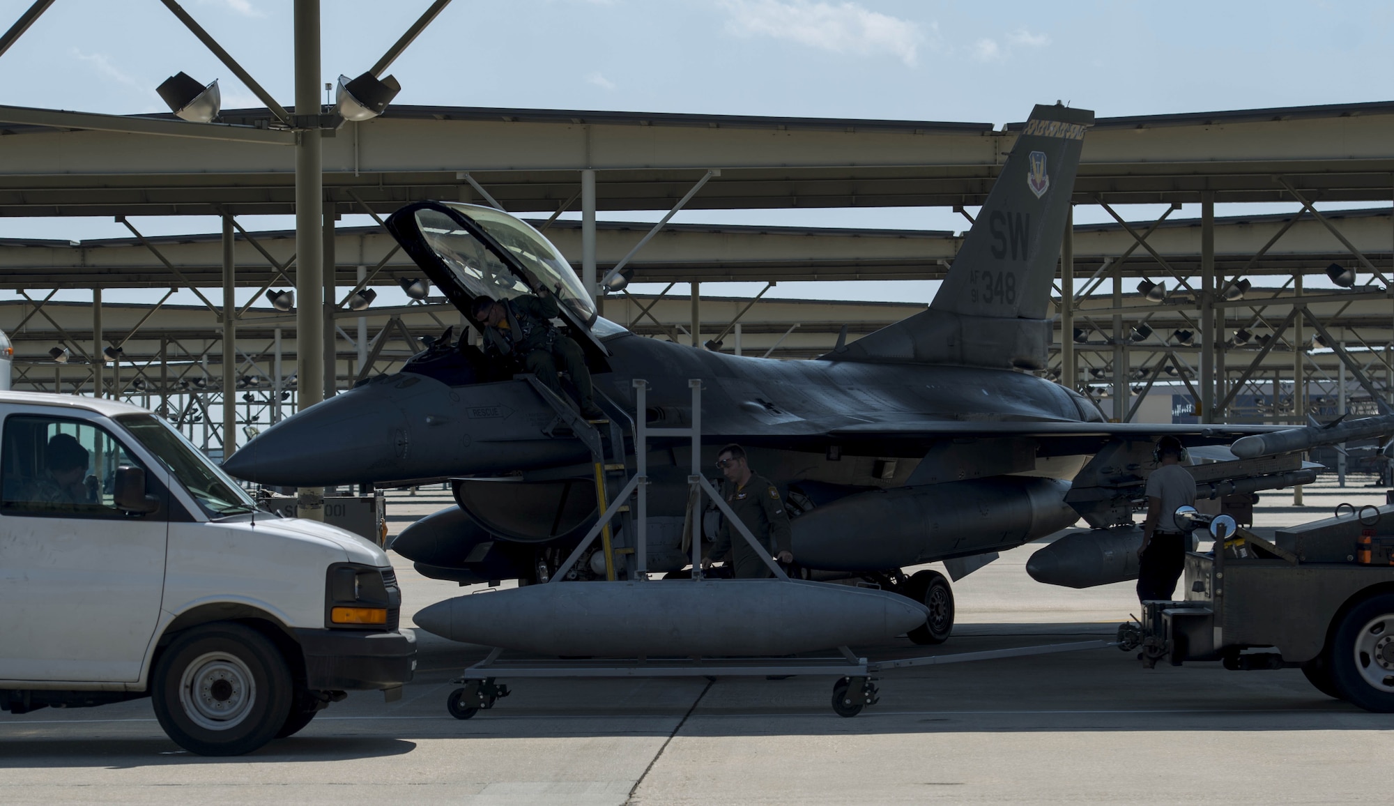 A U.S. Air Force F-16CM Viper returns to Shaw Air Force Base, South Carolina, Sept. 6, 2019, from Barksdale Air Force Base, Louisiana, after evacuating Sept. 4, 2019 before Hurricane Dorian's arrival.