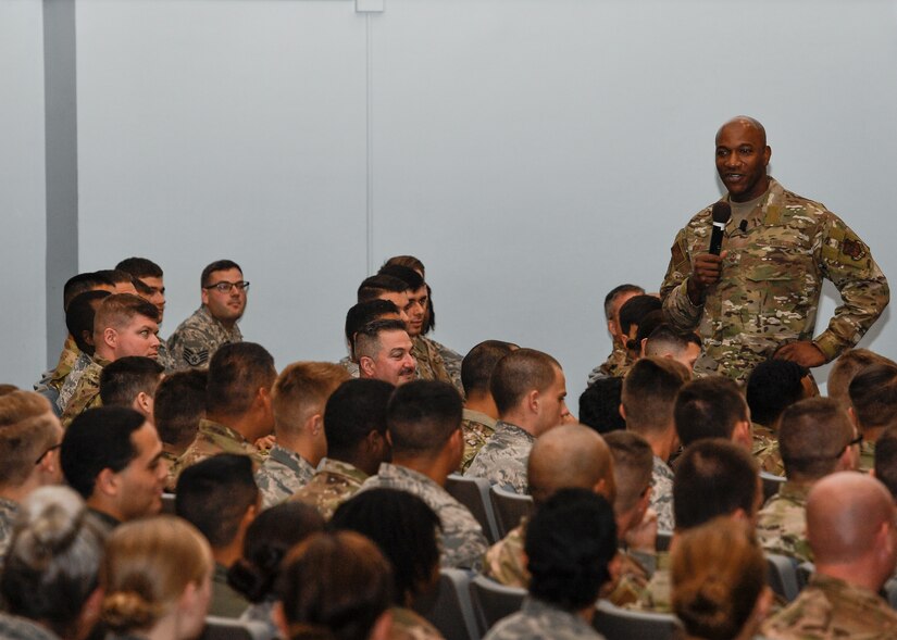 Chief Master Sergeant of the Air Force Kaleth O. Wright conducts an All Call at the Timmerman Center on Joint Base McGuire-Dix-Lakehurst, New Jersey, during a visit Sept. 5, 2019. During the All Call, Wright discussed the rising suicide rates across the force and how Airmen must be wingmen to one another and be resilient in tough times.