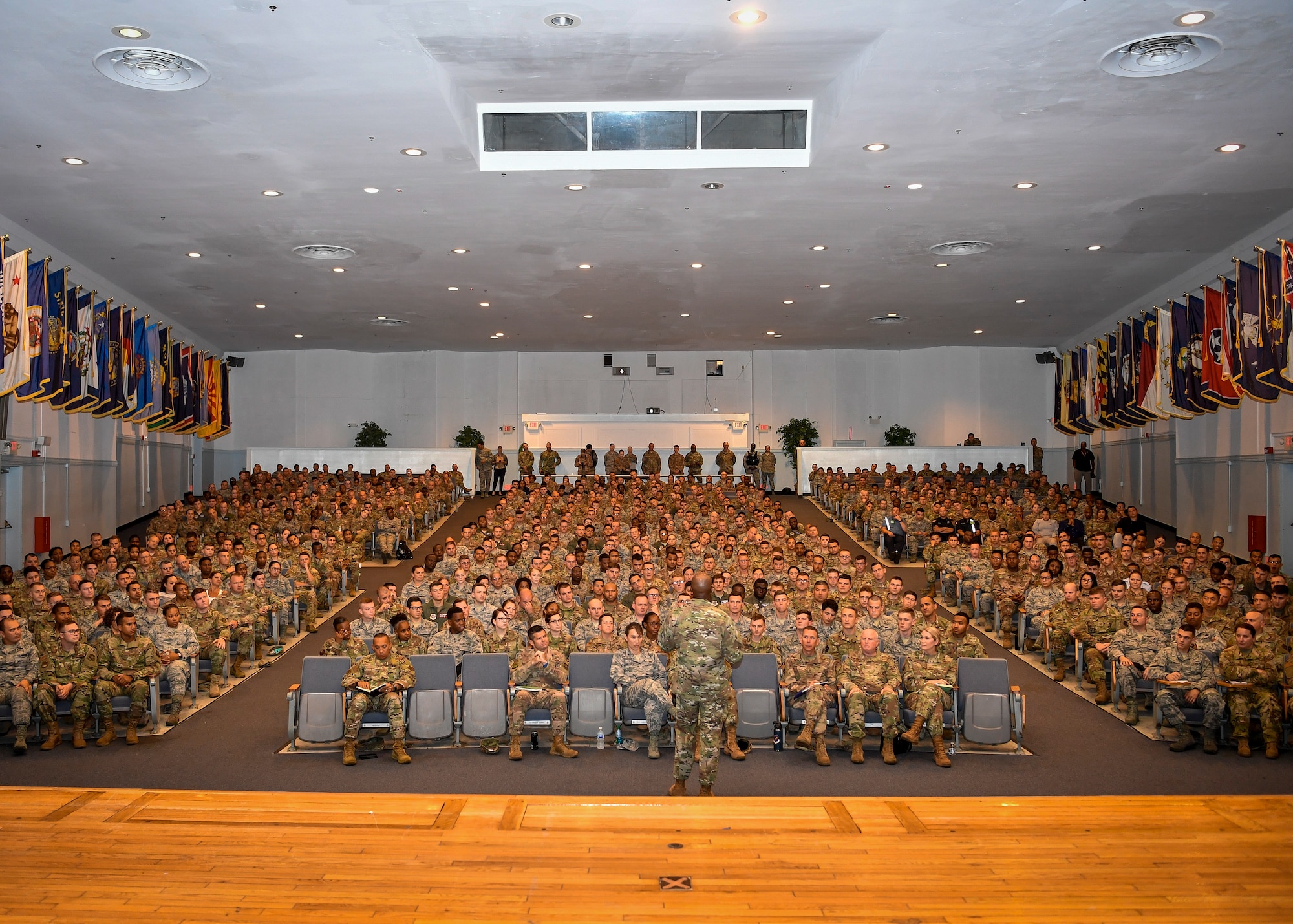 Chief Master Sergeant of the Air Force Kaleth O. Wright conducts an All Call at the Timmerman Center on Joint Base McGuire-Dix-Lakehurst, New Jersey, during a visit Sept. 5, 2019. During the All Call, Wright discussed the rising suicide rates across the force and how Airmen must be wingmen to one another and be resilient in tough times.