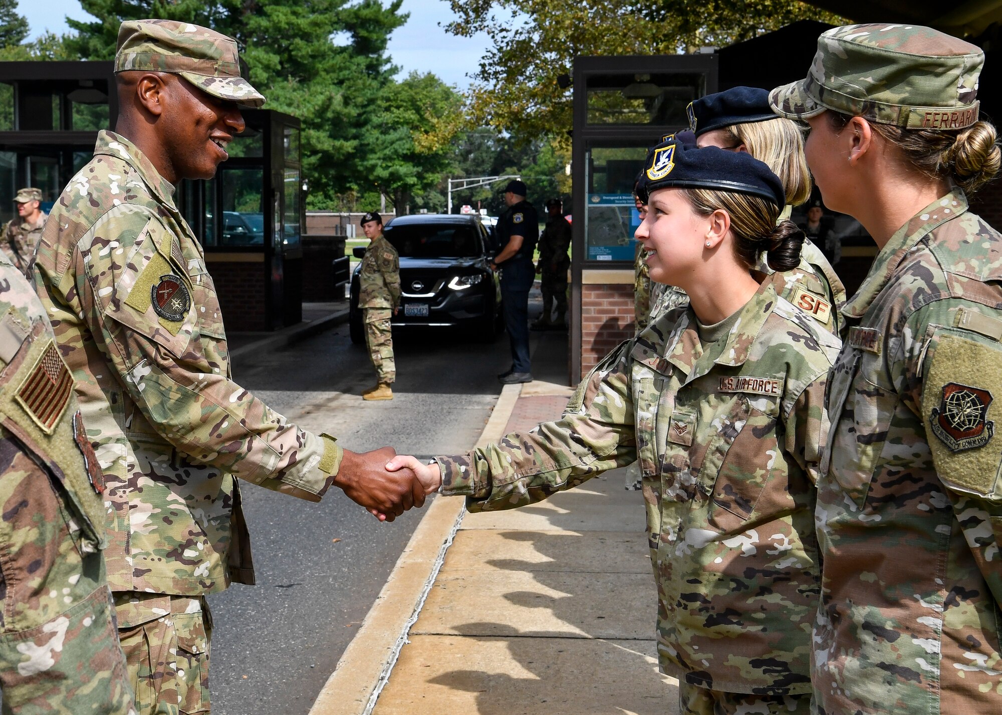Chief Master Sergeant of the Air Force Kaleth O. Wright meets with Airmen from the 87th Security Forces Squadron on Joint Base McGuire-Dix-Lakehurst, New Jersey, during a visit Sept. 5, 2019. Being the year of the defender, Wright spoke on how the Air Force is prioritizing revitalization of equipment and procedures for Security Forces to better suit them in their day-to-day jobs.