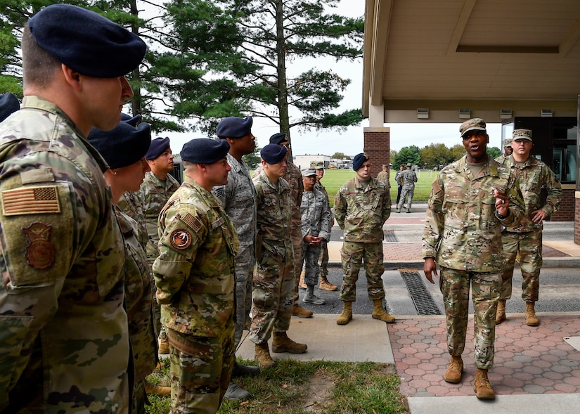 Chief Master Sgt. of the Air Force Kaleth O. Wright meets with Airmen from the 87th Security Forces Squadron on Joint Base McGuire-Dix-Lakehurst, New Jersey, during a visit Sept. 5, 2019. Being the year of the defender, Wright spoke on how the Air Force is prioritizing revitalization of equipment and procedures for Security Forces to better suit them in their day-to-day jobs.