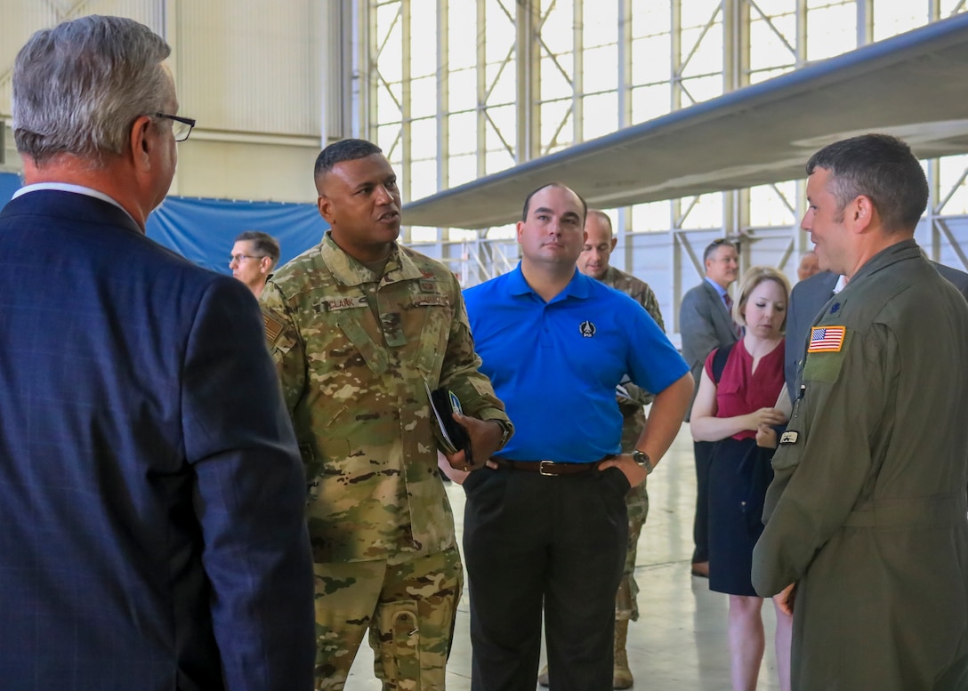 Program executives and managers are briefed on the potential added capabilities during a B-1B expanded carriage demonstration at Edwards Air Force Base, California, Aug. 28. (U.S. Air Force photo by Giancarlo Casem)