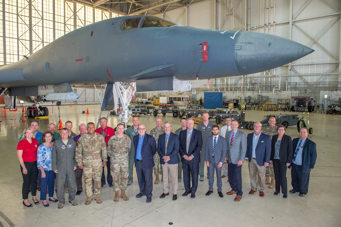 A group of distinguished visitors pose for a photo in front of a B-1 bomber assigned to the 412th Test Wing during a B-1B expanded carriage demonstration at Edwards Air Force Base, California, Aug. 28. The visitors included Gen. Timothy Ray, commander, Air Force Global Strike Command and Air Forces Strategic – Air, U.S. Strategic Command, Lt. Gen. Richard Clark, deputy chief of staff for Strategic and Nuclear Integration, and Under Secretary John Roth, Under Secretary of the Air Force. (U.S. Air Force photo by Richard Gonzales)