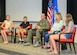 412th Test Wing Commander, Brig. Gen. E. John Teichert is joined by his wife, Dr. Melanie Teichert, and their children, Tiffany, Noah and Summer, during the live-streamed "Talk with Team Teichert" Q-and-A session at the Airmen and Family Readiness Center on Edwards Air Force Base, California, Sept. 4. The Teicherts answered questions about military life and family life on base. (U.S. Air Force photo by Giancarlo Casem)