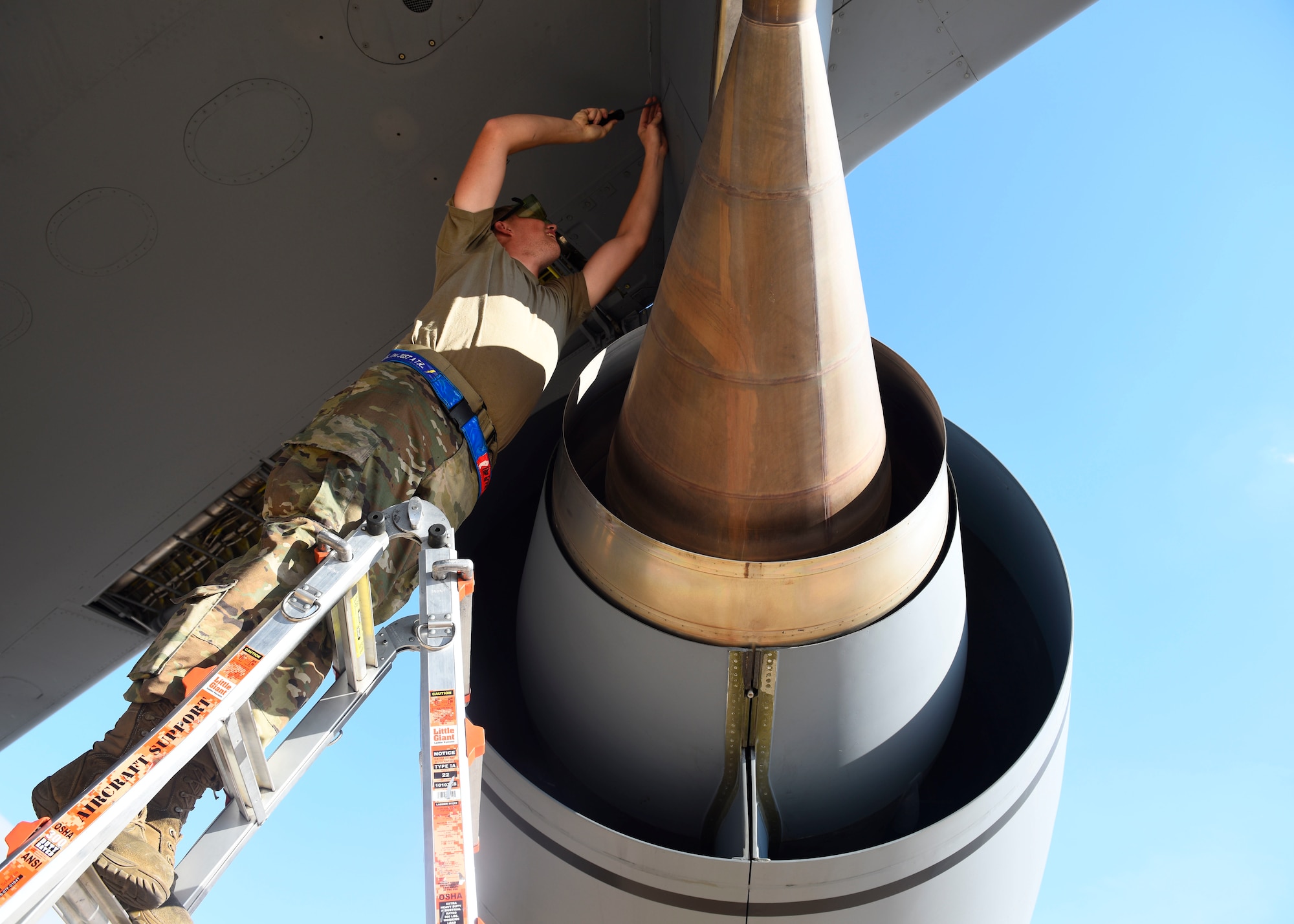 U.S. Air Force Senior Airman Zachery Murray, 92nd Aircraft Maintenance Squadron flying crew chief, performs pre-flight checks on a KC-135 Stratrotanker at Dyess Air Force Base, Texas, Aug. 14, 2019.
