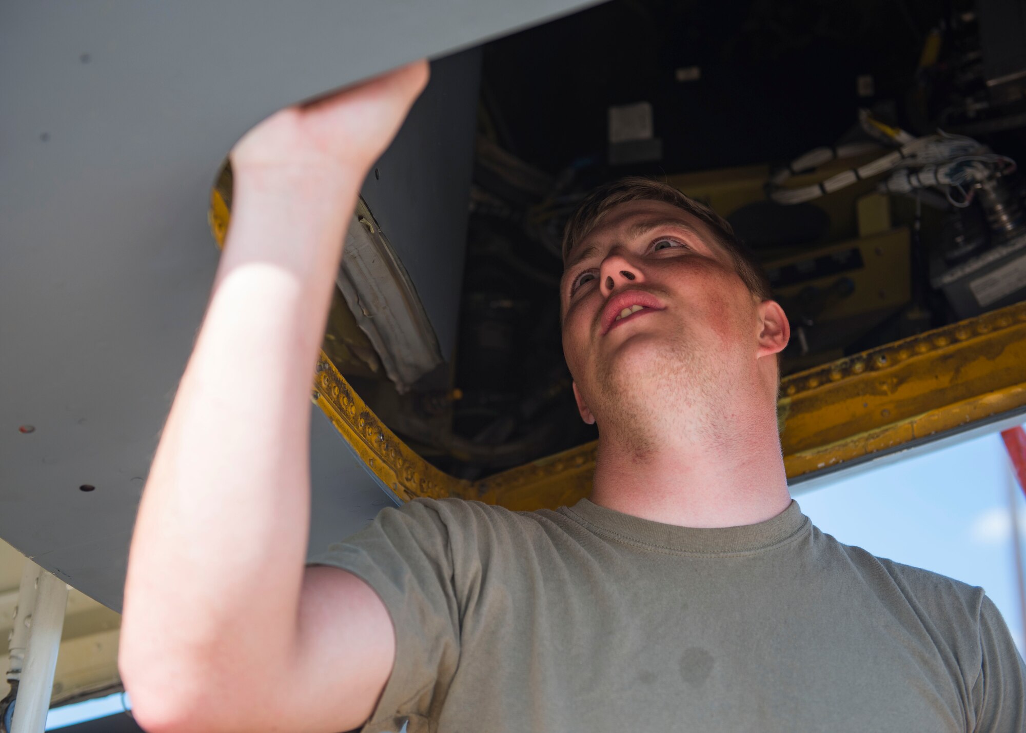 U.S. Air Force Senior Airman Zachery Murray, 92nd Aircraft Maintenance Squadron flying crew chief, performs pre-flight checks on a KC-135 Stratrotanker at Dyess Air Force Base, Texas, Aug. 14, 2019.