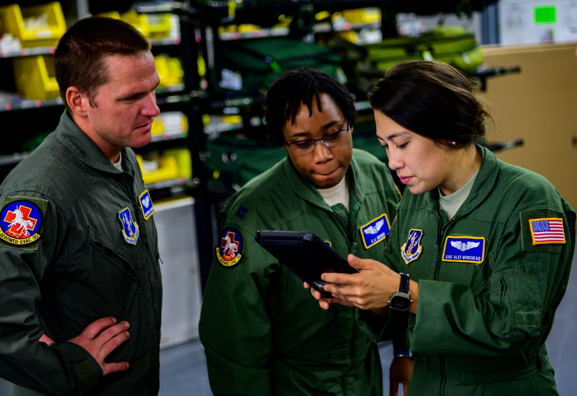 Members of the 167th Aeromedical Evacuation Squadron perform medical equipment function checks prior to deploying in support of Hurricane Dorian relief at McLaughlin Air National Guard Base, Charleston, West Virginia, Sept. 5, 2019. The West Virginia Air National Guard will be providing a crew of six aeromedical evacuation technicians and flight nurses to assist with hurricane response efforts in affected areas throughout the United States and in the Bahamas. (U.S. Air National Guard photo by Master Sgt. De-Juan Haley)