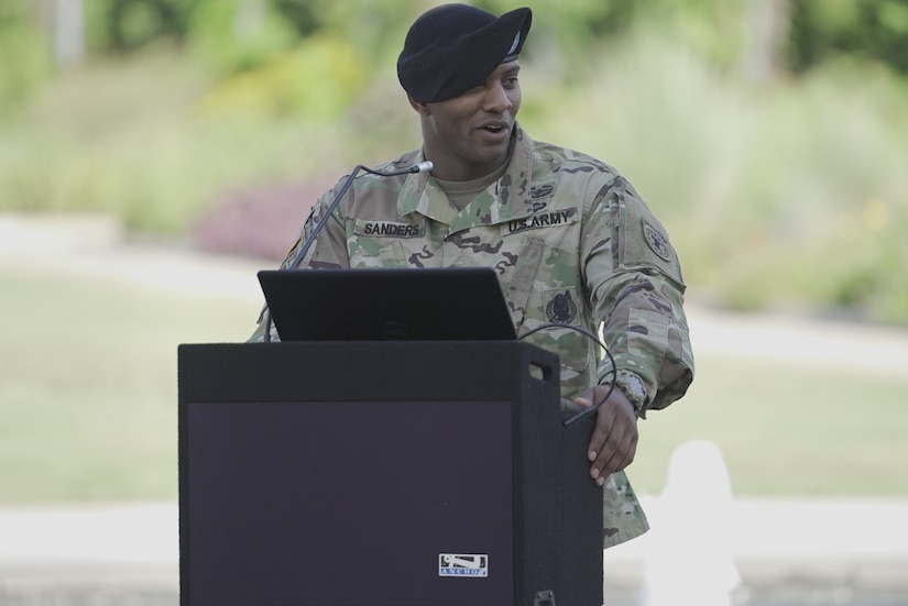 Capt. Ryan Sanders, outgoing company commander, Houston Medical Recruiting Company, provides remarks during the Houston Medical Recruiting Company change of command ceremony, at the Hermann Park Conservancy, Houston, Texas, Sept. 5.