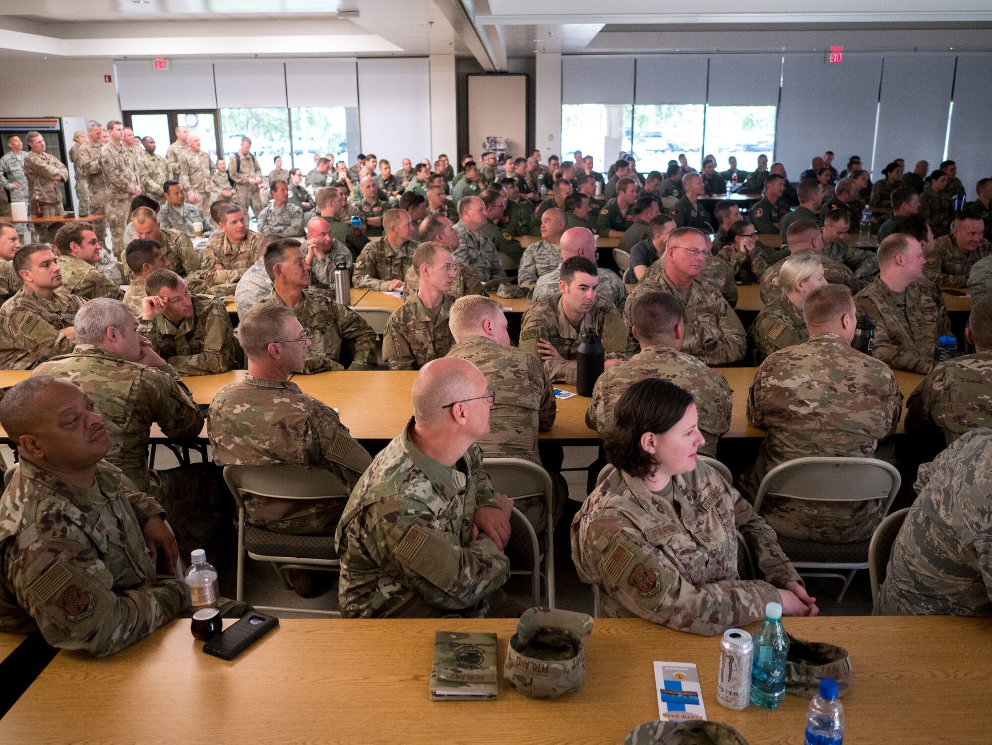 Participants of exercise Sentry Aloha 19-2 attend a welcome briefing Aug. 20, 2019, Joint Base Pearl Harbor-Hickam. The exercise entails back-to-back combat sorties with visiting aircraft from visiting air national guard units and the Royal Australian Air Force.