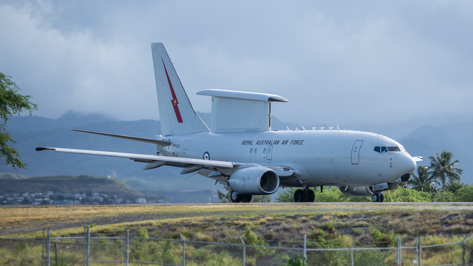 A Royal Australian Air Force E-7A Wedgetail taxis down the Joint Base Pearl Harbor-Hickam flight line Aug. 28, 2019.
