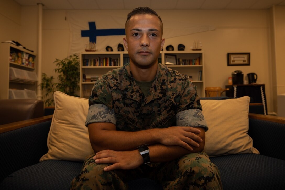 U.S. Marine Corps Staff Sgt. Richard Aguila poses for a photograph on Camp Kinser, Okinawa, Japan, August 30, 2019. Aguila, a native of Orange County, California, is a contract specialist with the Expeditionary Contracting Platoon, Combat Logistics Regiment 37, 3rd Marine Logistics Group. (U.S. Marine Corps photo by Lance Cpl. Carla E. O)