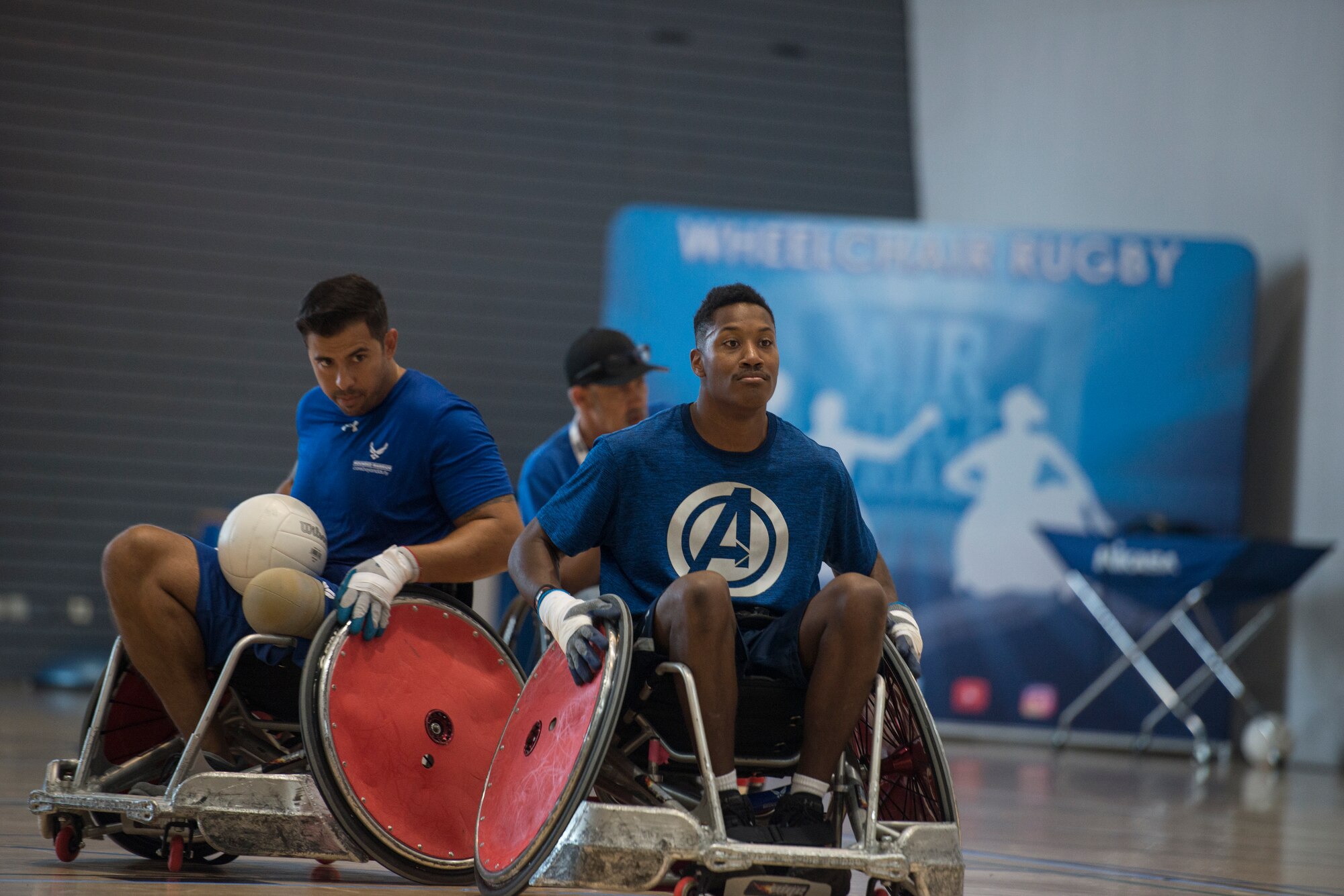 U.S. Air Force Senior Airman John Berry, Wounded Warrior ambassador, practices wheelchair rugby July 22, 2019, at Ramstein Air Base, Germany. This was the first time Air Force Wounded Warrior has been overseas.