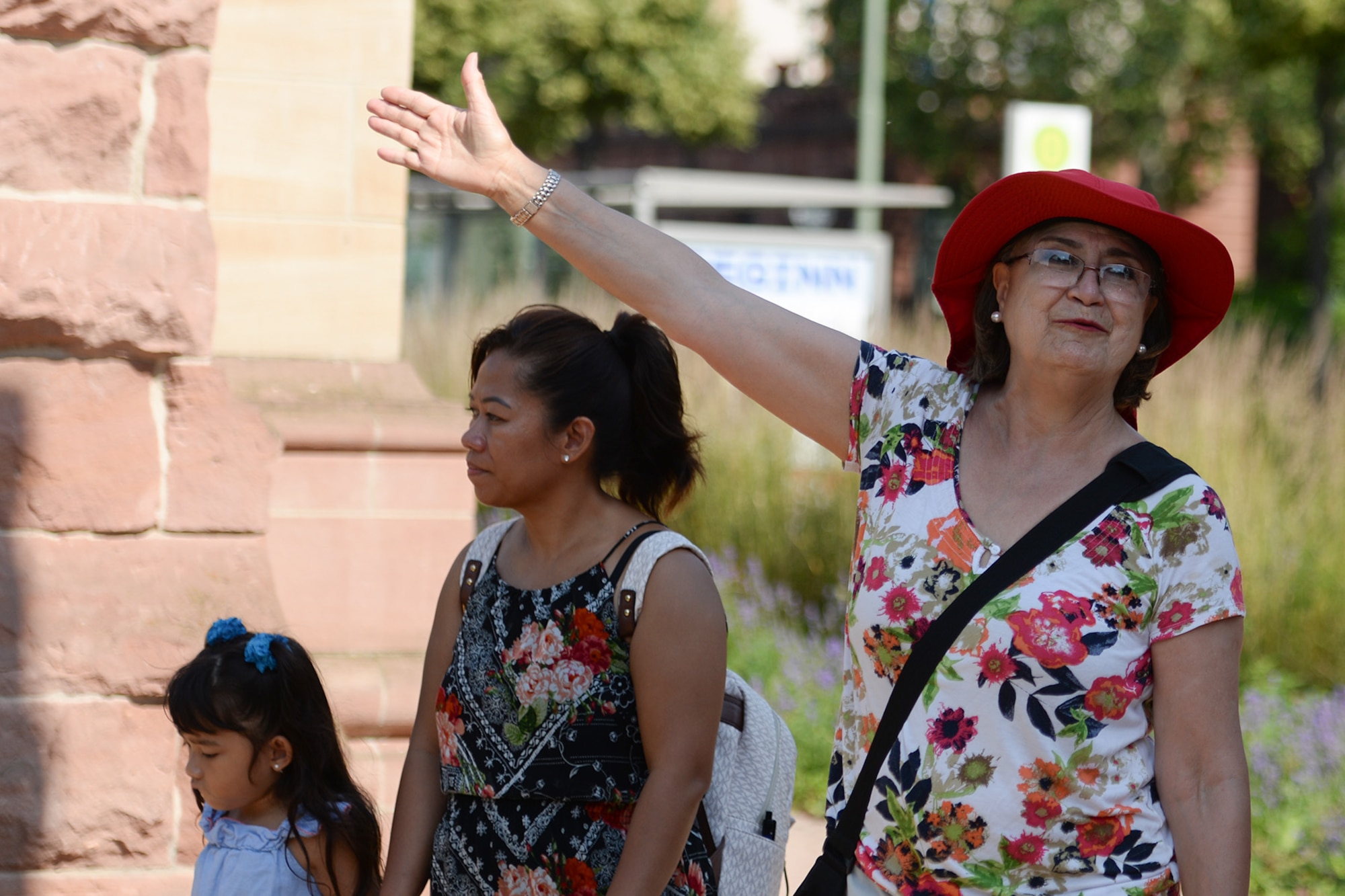 Mary Laureana Aguirre-Garza, a tour guide, teaches Ramstein Air Base Newcomers Tour attendees about the Synagogenplatz Memorial in Kaiserslautern, Germany, June 27, 2019. The monument was created in 2003 to commemorate the synagogue that was destroyed by the Nazis in 1938.