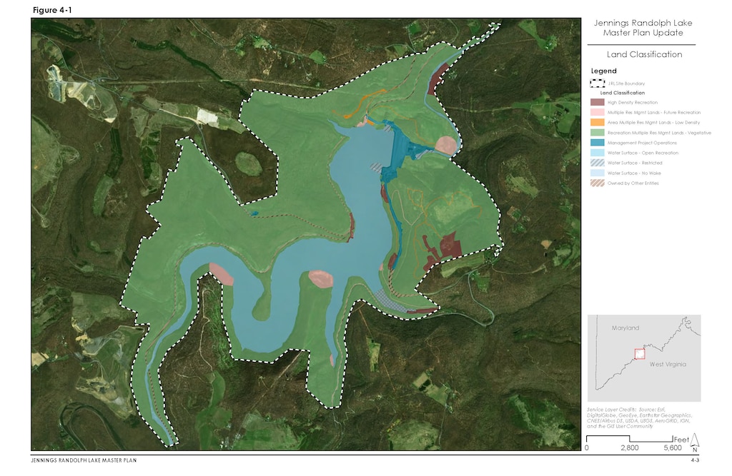 The Jennings Randolph Lake Master Plan Update land classification map depicts the various land classifications found throughout the project.